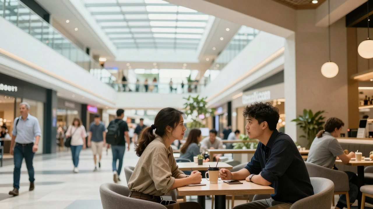 Modern shopping center café with clients meeting in bright, safe environment.