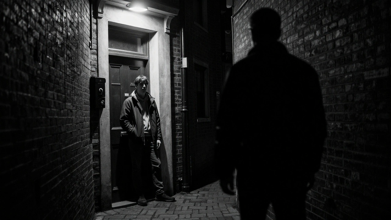 Person hesitating at dark alley entrance wary of shadowy figure approaching.