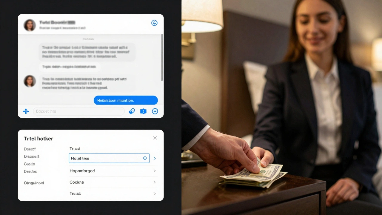 Split image: passport, encrypted chat, and hotel booking on left; cash payment on nightstand on right.